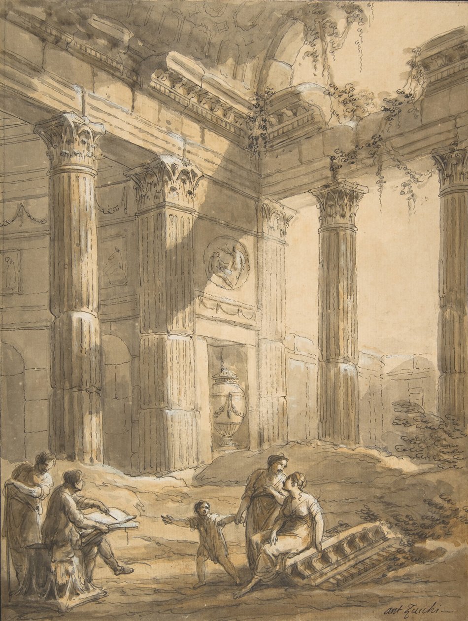 Kunstenaar tussen ruïnes door Antonio Zucchi