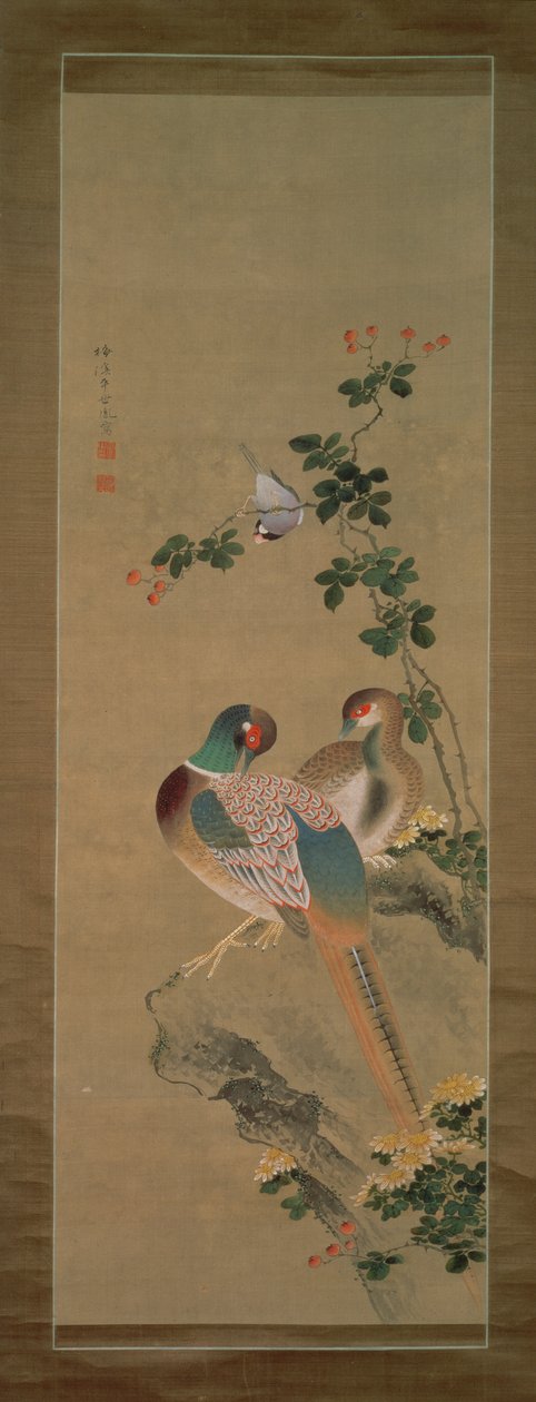 Fazant, goudvink, bloemen en rots, c.1800 (inkt en kleuren op zijde) door Ariwara Baikei