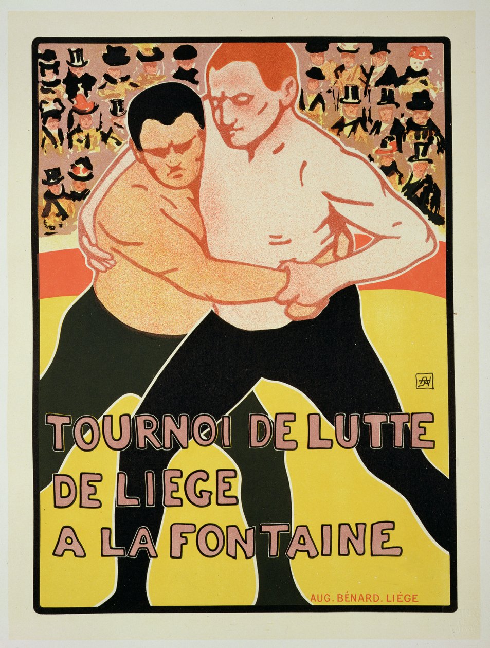 Reproductie van een Poster die een Worsteltornooi Adverteert, bij De Fontein, Luik, België, 1899 door Armand Rossenfosse