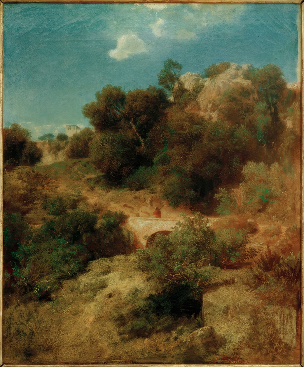 Rotsachtig bergland met brug door Arnold Böcklin