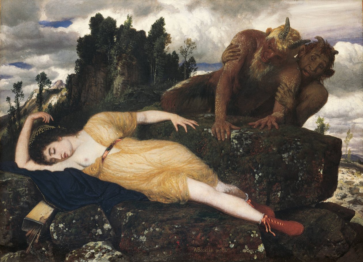 Slapende Diana bewaakt door twee faunen, 1877 door Arnold Böcklin