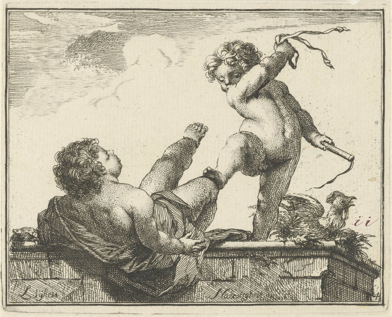Vlijt overmeestert Luiheid (Een-en-veertigh stuks, verscheydene Sinnebeelden) door Arnold Houbraken