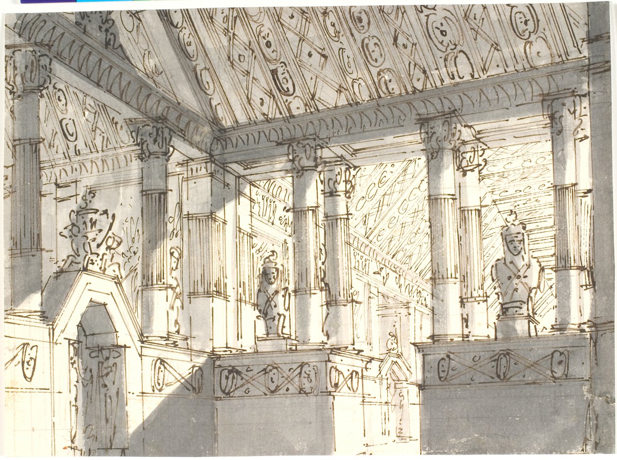 Interieur (van tempel?) met zuilen en beelden door Aron Wallick