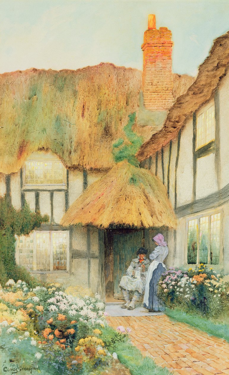 Bij de cottage deur door Arthur Claude Strachan