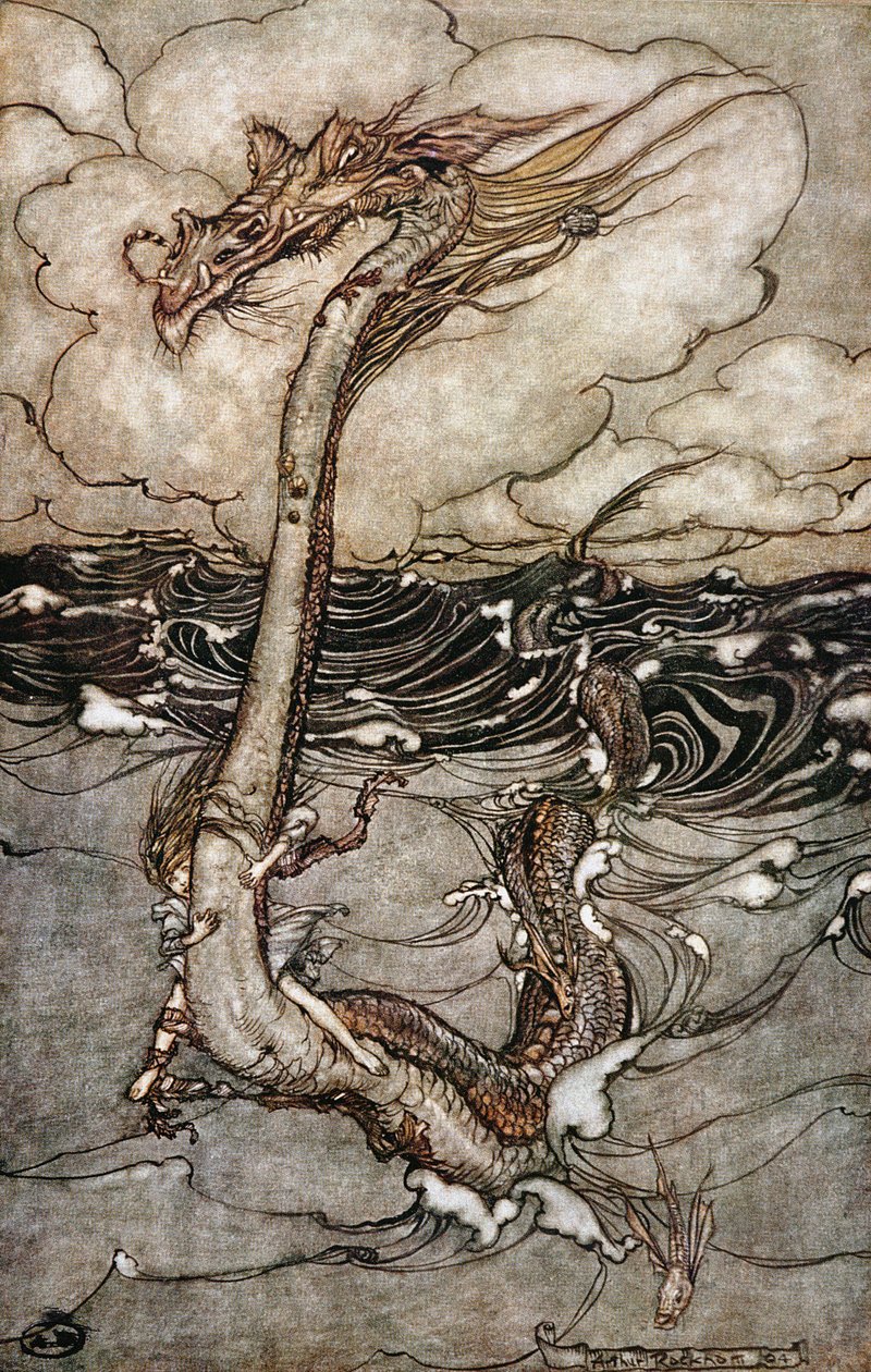 Een jong meisje rijdend op een zeeslang, 1904 door Arthur Rackham