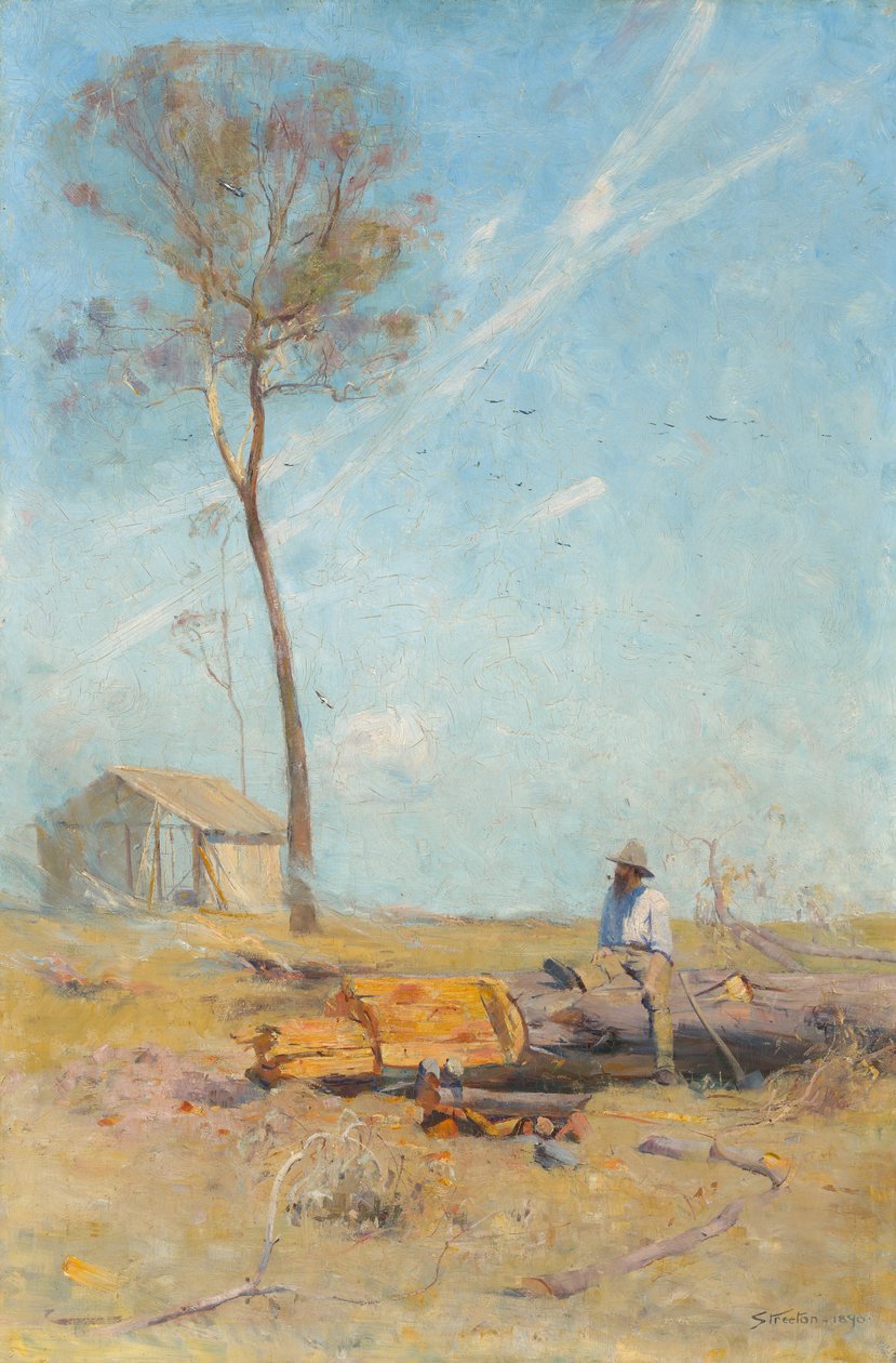 De hut van de selector (Whelan op de stam) door Arthur Streeton