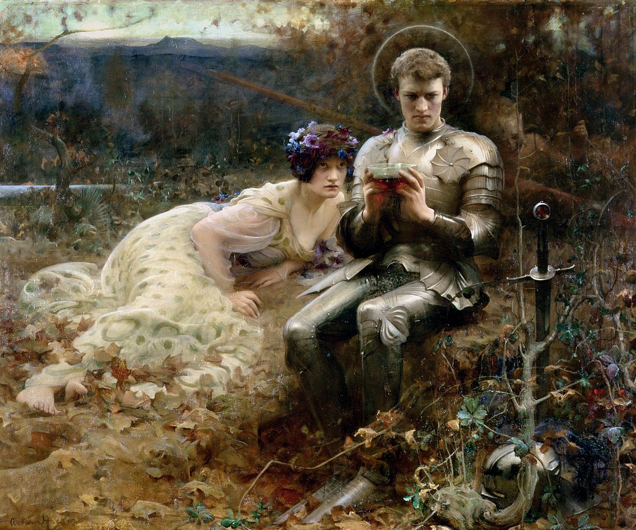 De verleiding van Sir Percival door Arthur Hacker