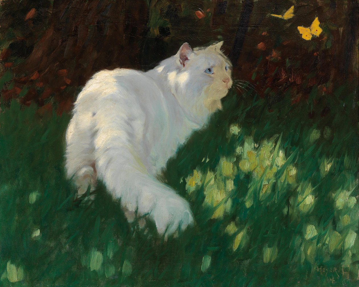 Witte kat en vlinders door Arthur Heyer