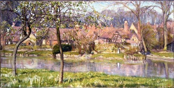 Huizen en een Rivier door Arthur Joseph Gaskin