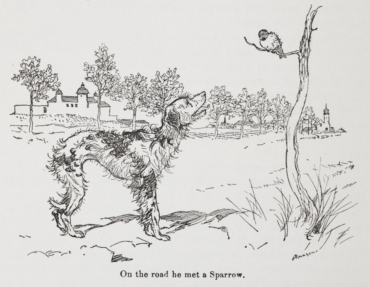 Een hond en een mus. door Arthur Rackham
