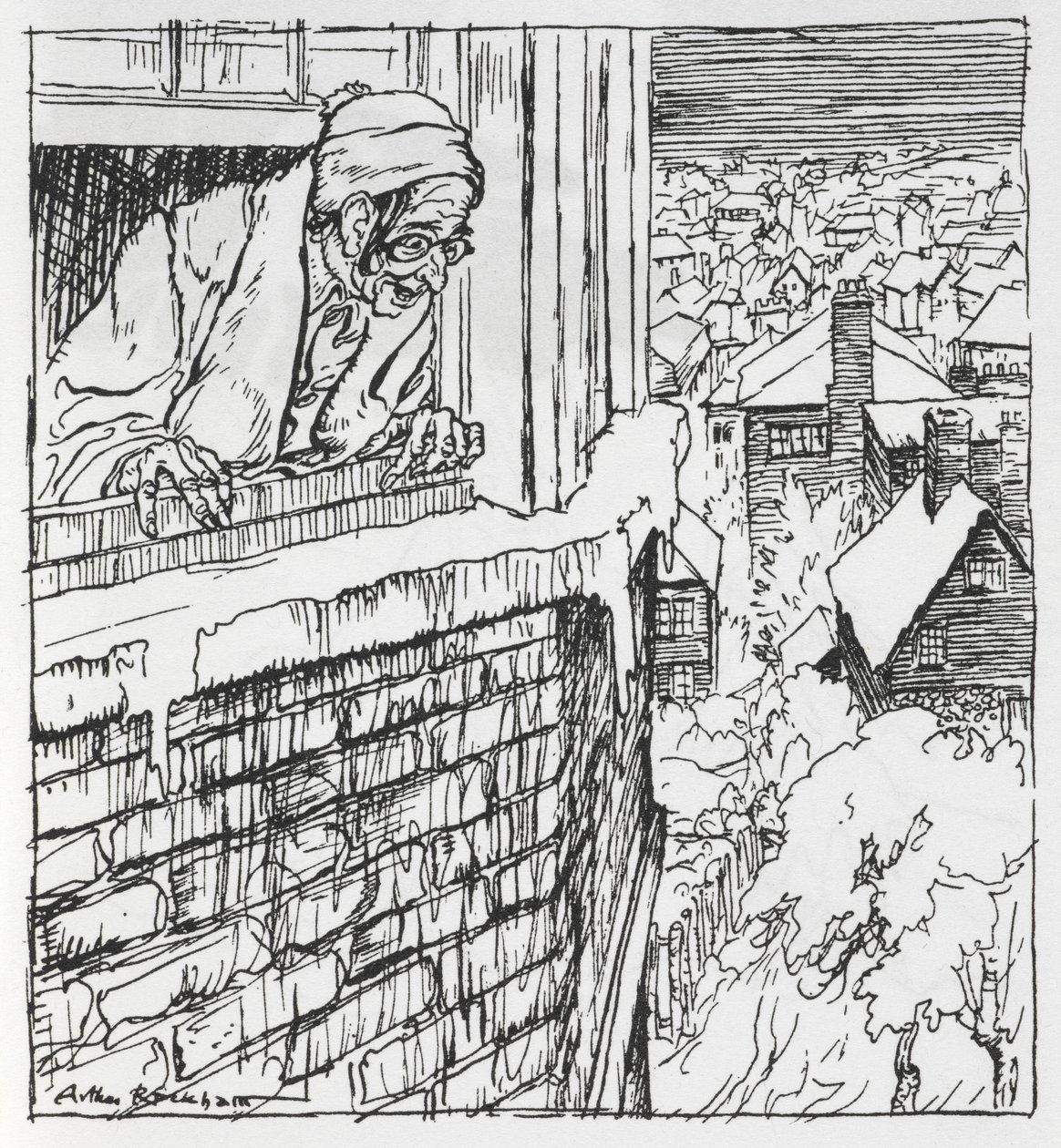 Een man die uit een raam kijkt door Arthur Rackham