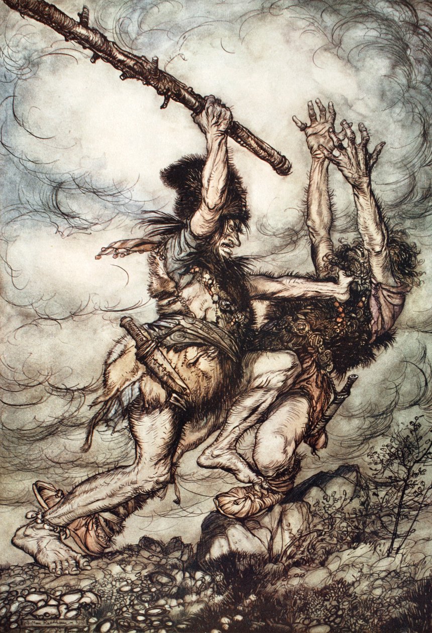 Fafner doodt Fasolt door Arthur Rackham
