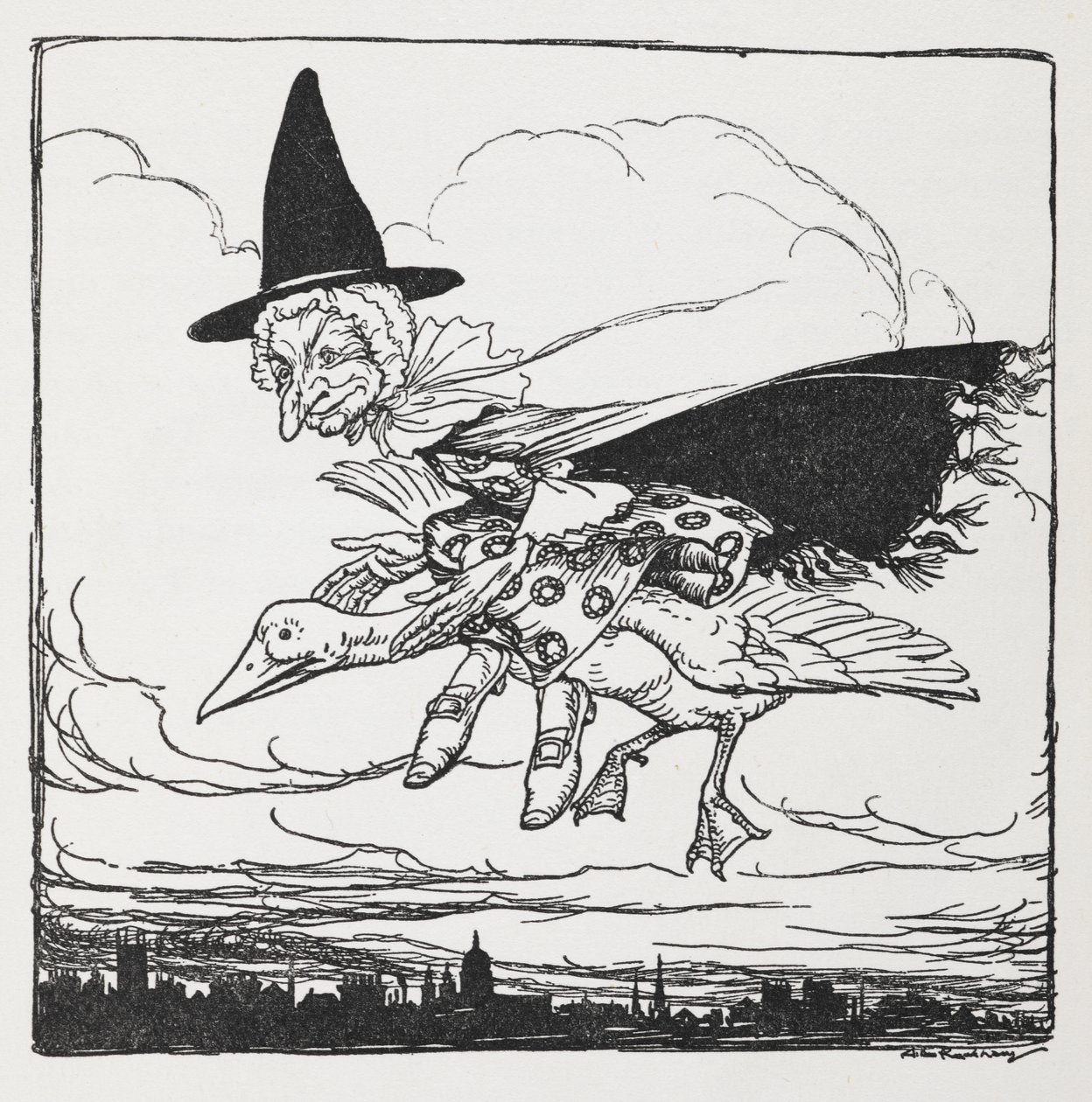 Moeder de Gans vliegend op een gans. door Arthur Rackham