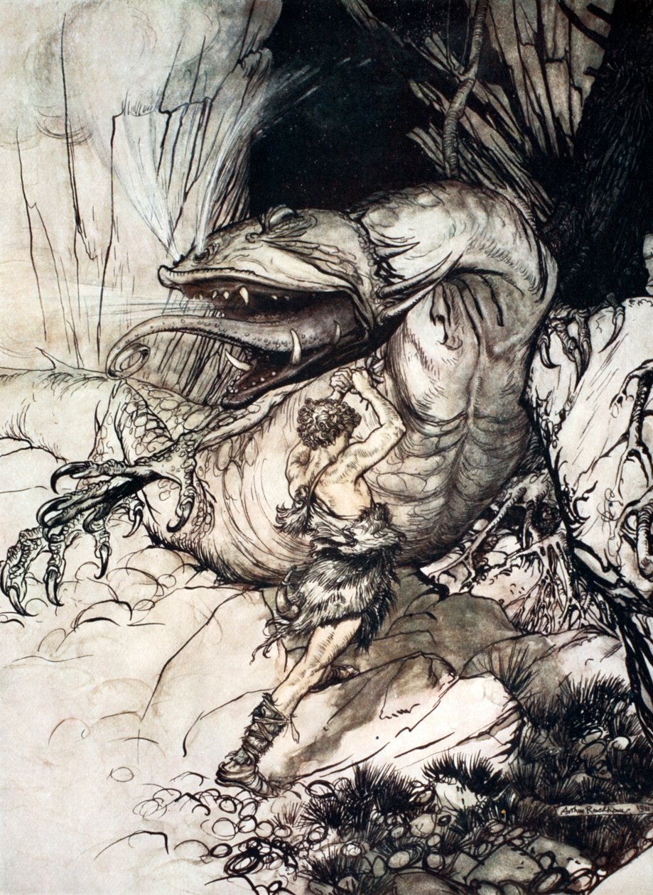 Siegfried doodt Fafner door Arthur Rackham