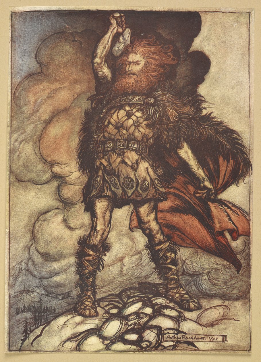 Thor heft zijn hamer op door Arthur Rackham
