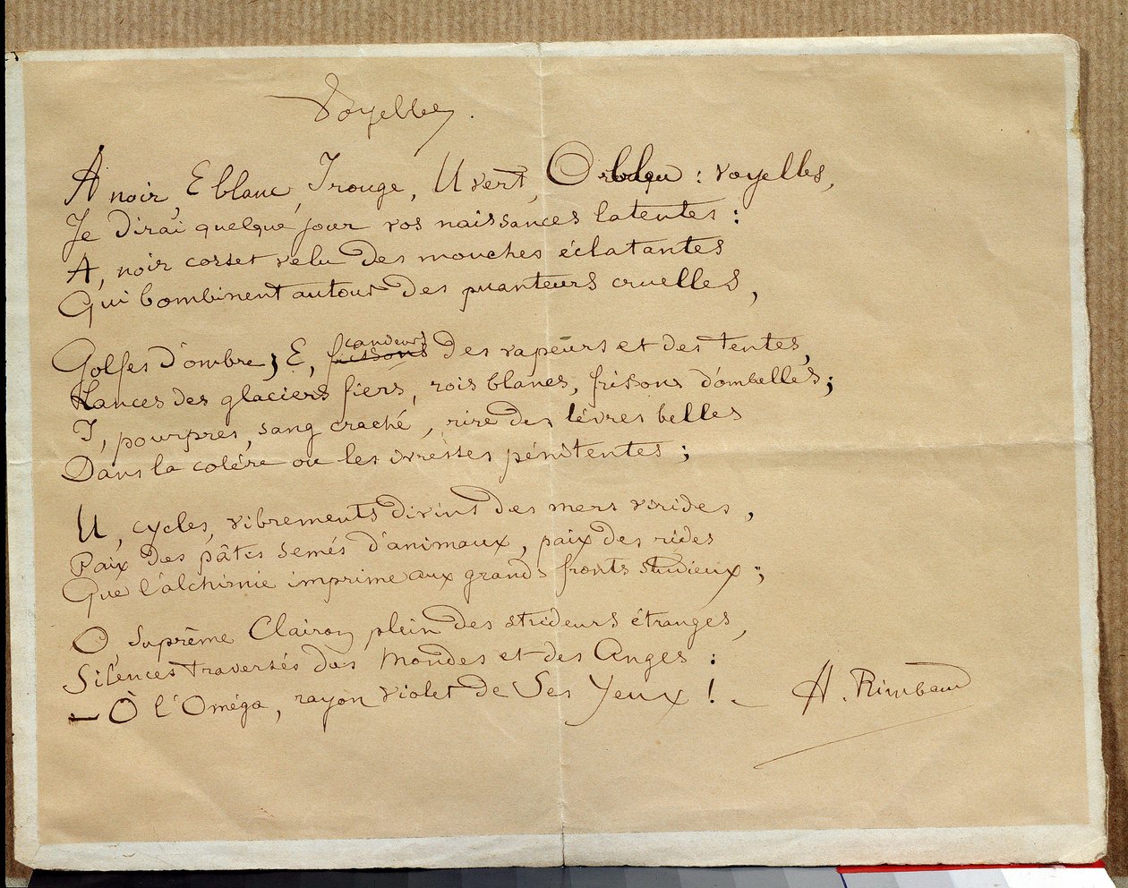 Manuscript van het gedicht van Arthur Rimbaud: De Klinkers door Arthur Rimbaud