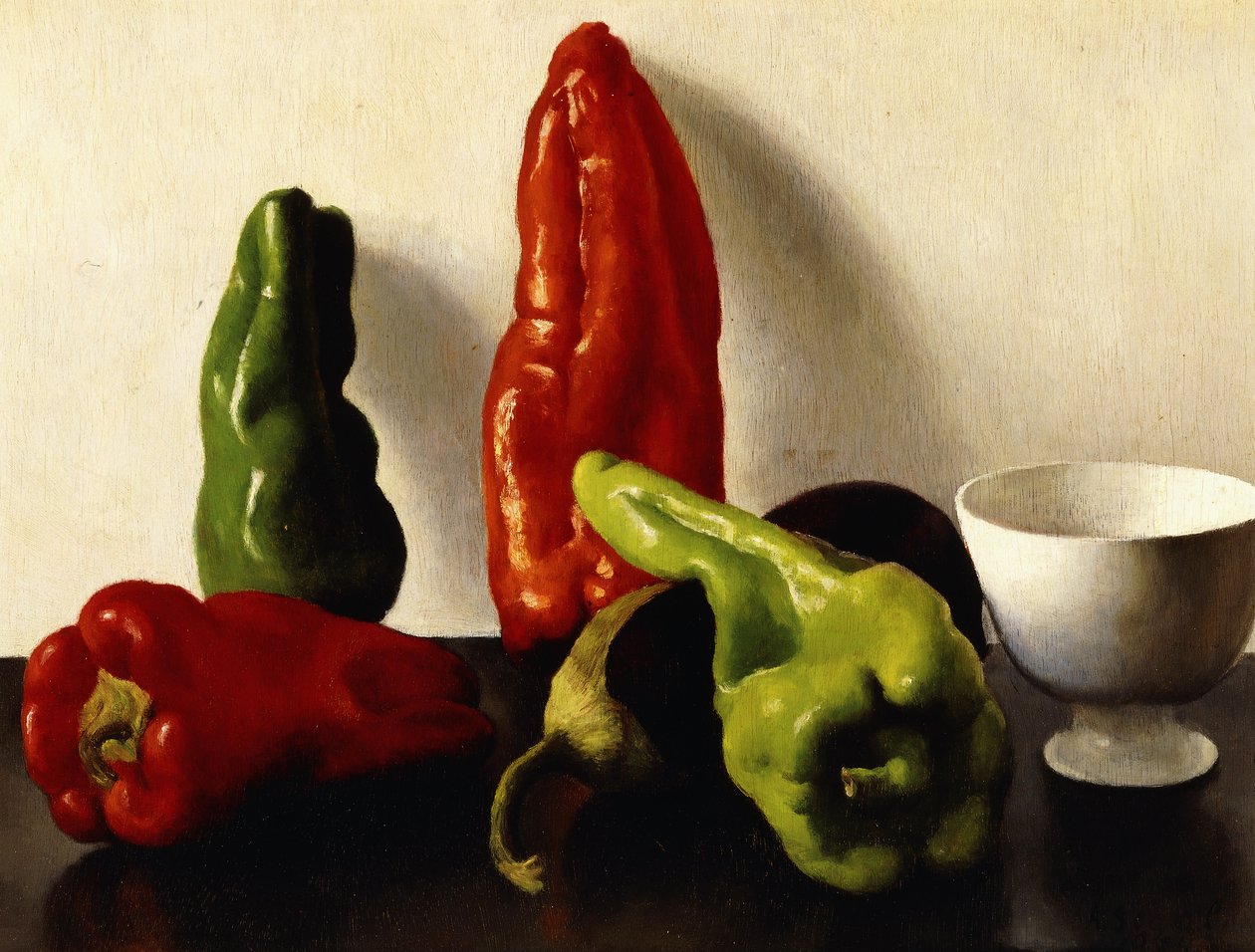 Stilleven met rode en groene pepers door Arthur Segal