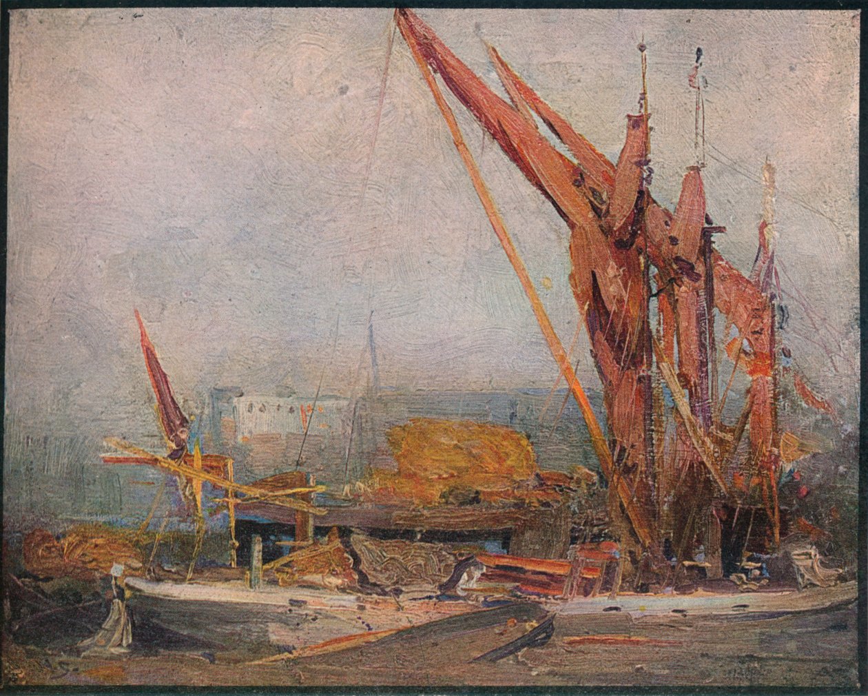 Hooiboten op de Theems, 1905 door Arthur Streeton