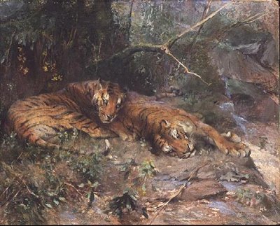 Tijgers rustend bij een stroom door Arthur Wardle