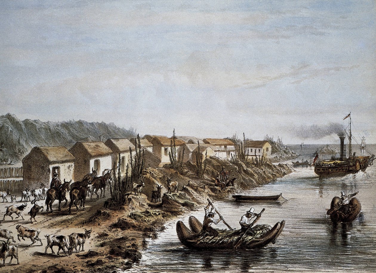 Chili (1854). Haven van Huasco. Lithografie. door Artist Unknown