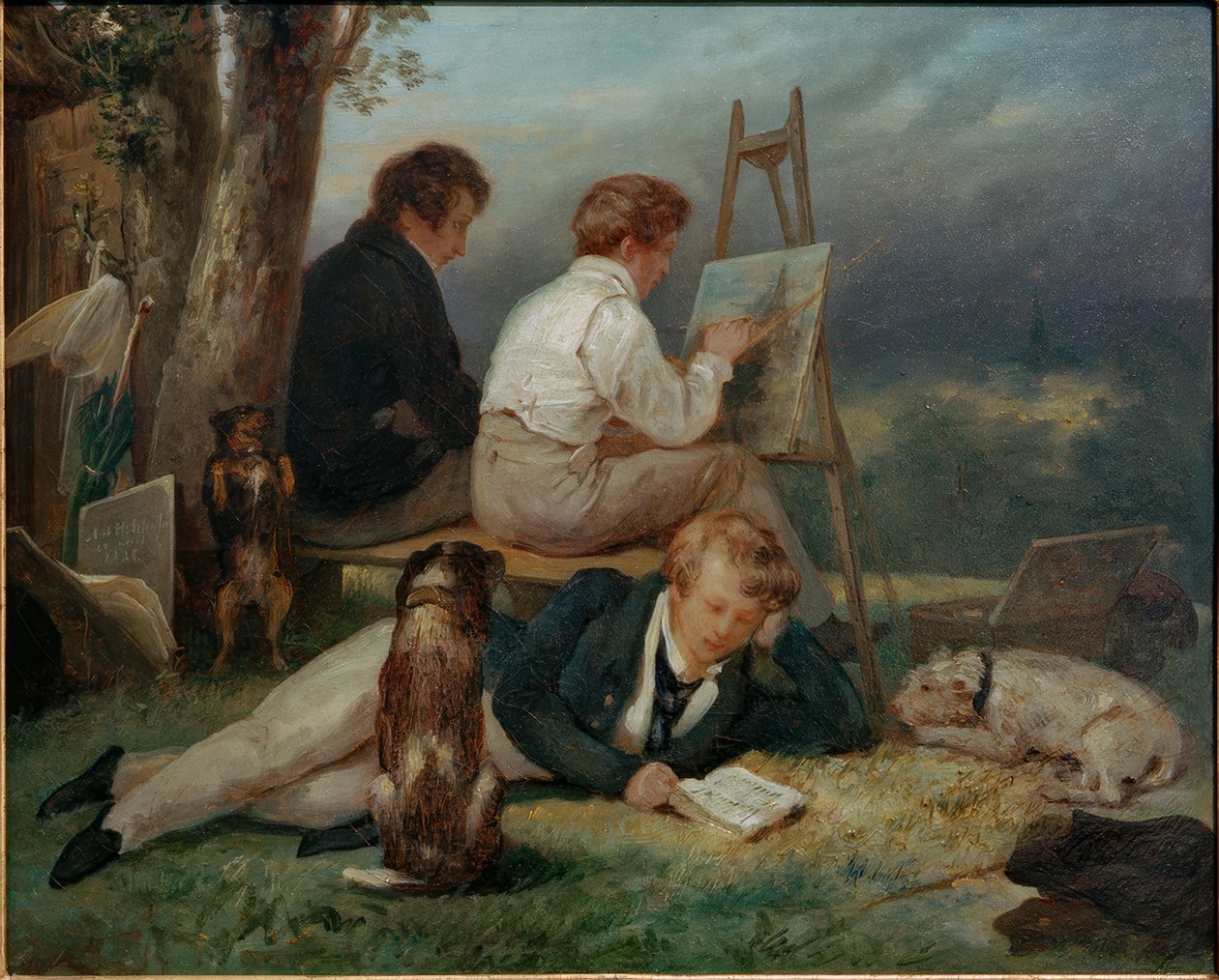 De drie broers Scheffer in een landschap door Ary Scheffer