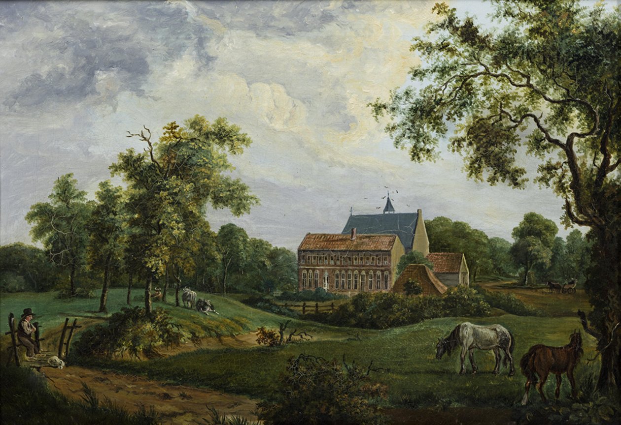 Klooster Ter Apel met de oorspronkelijke bovenverdieping op de Noordvleugel, een jaar voor de afbraak in 1834 door Assuerus Quaestius