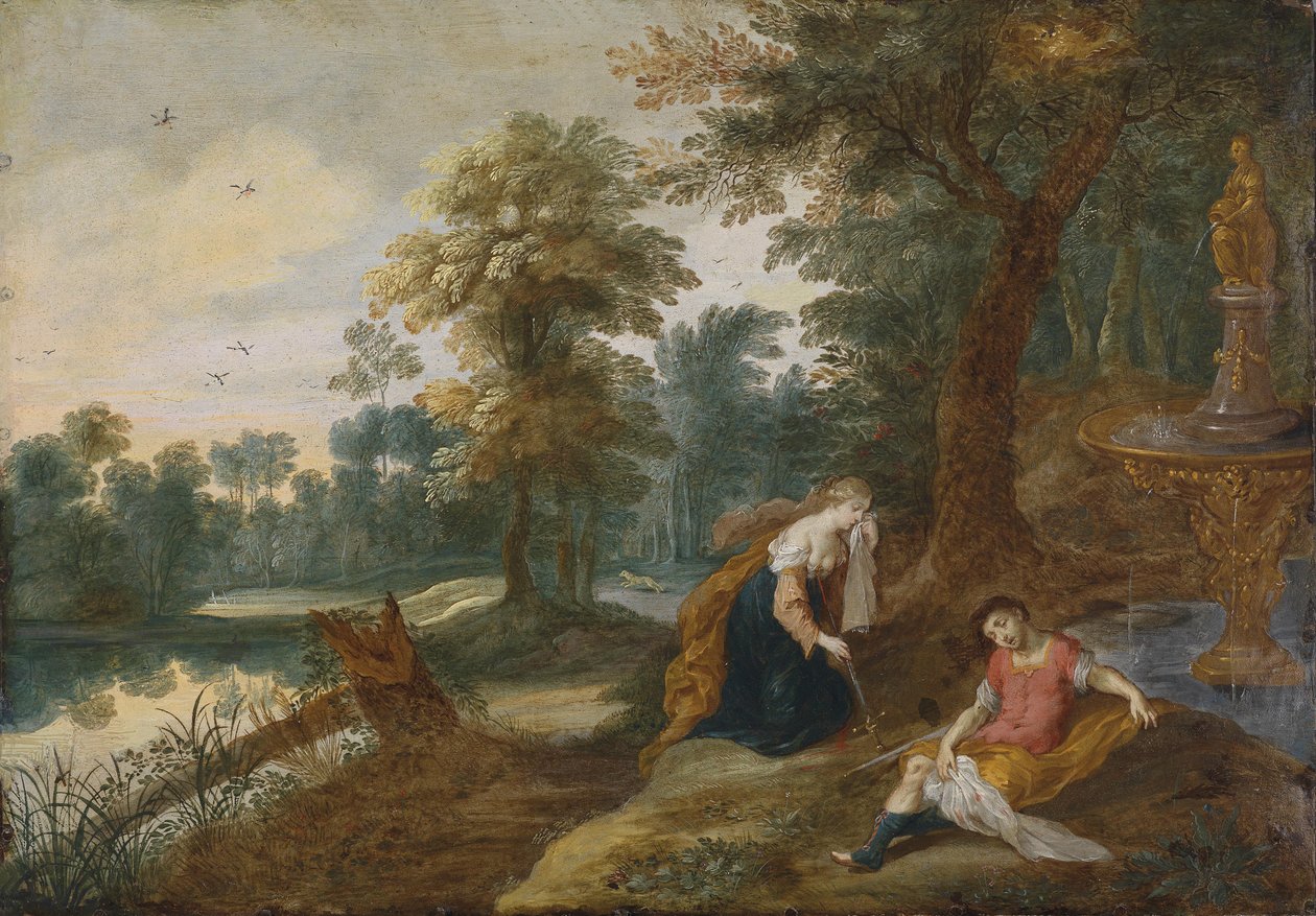 Een landschap met Pyramus en Thisbe door Attributed to Jasper van der Lanen  