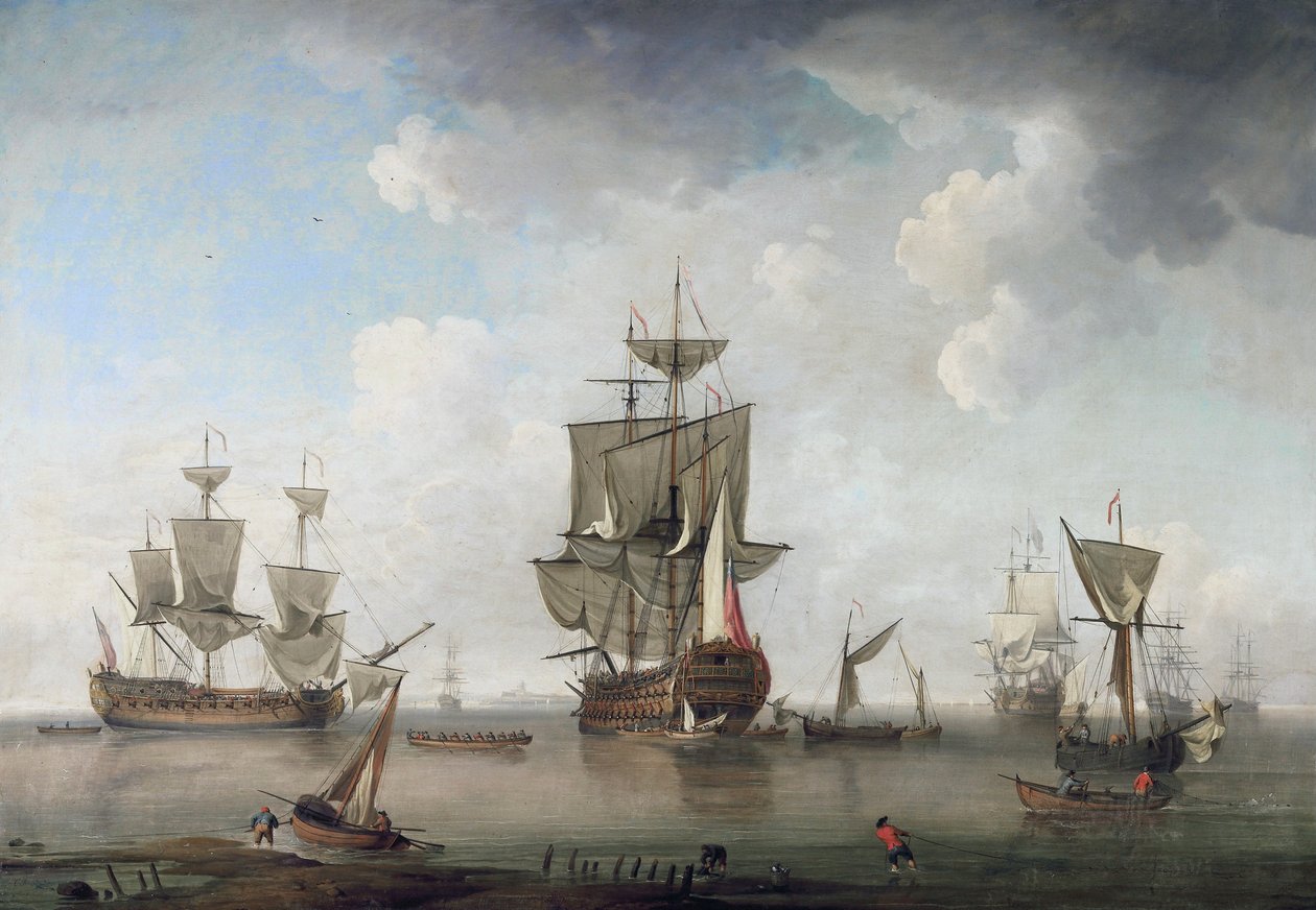 Krijgslieden in de haven door attributed to Charles Brooking