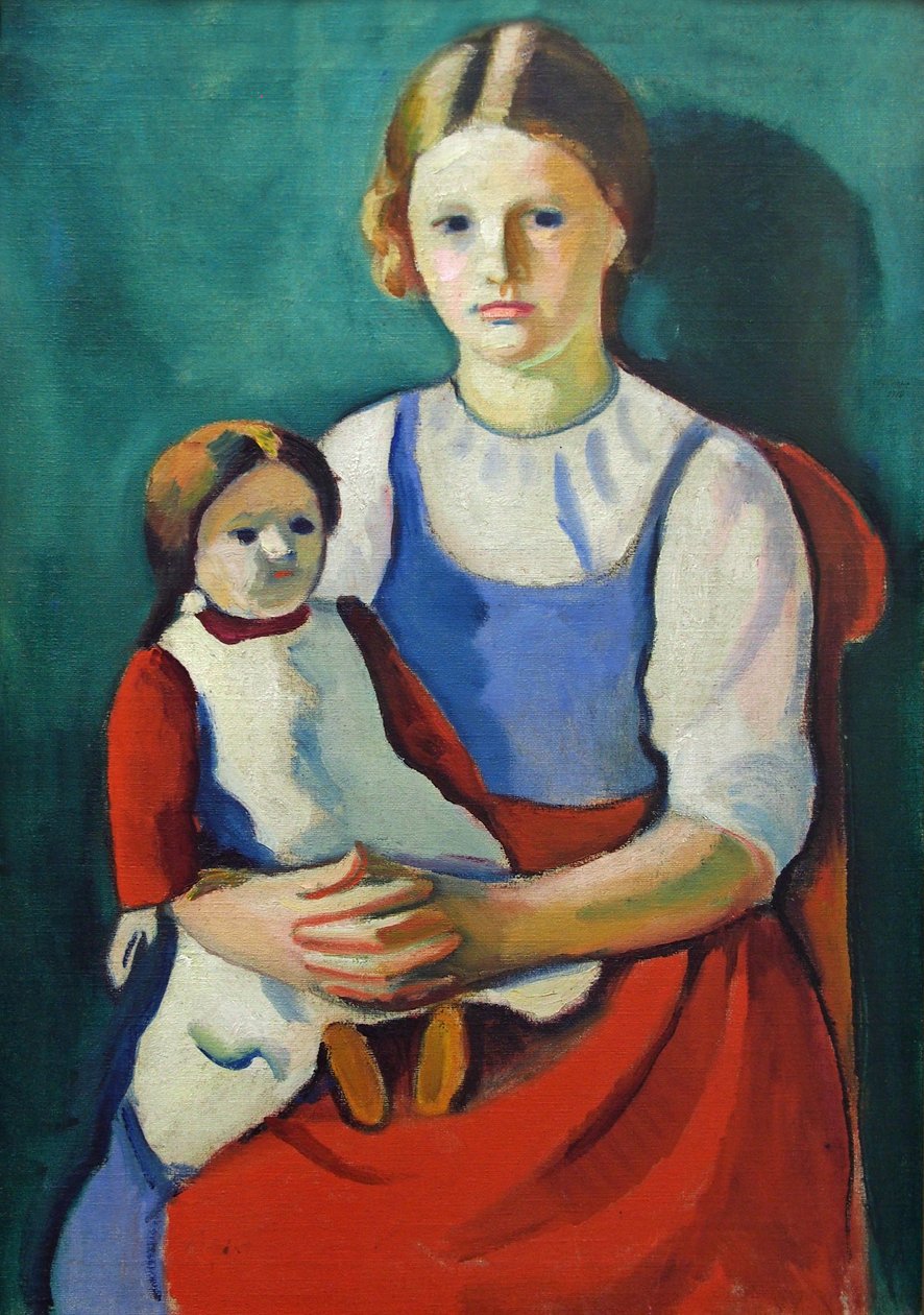 Blond meisje met pop door August Macke