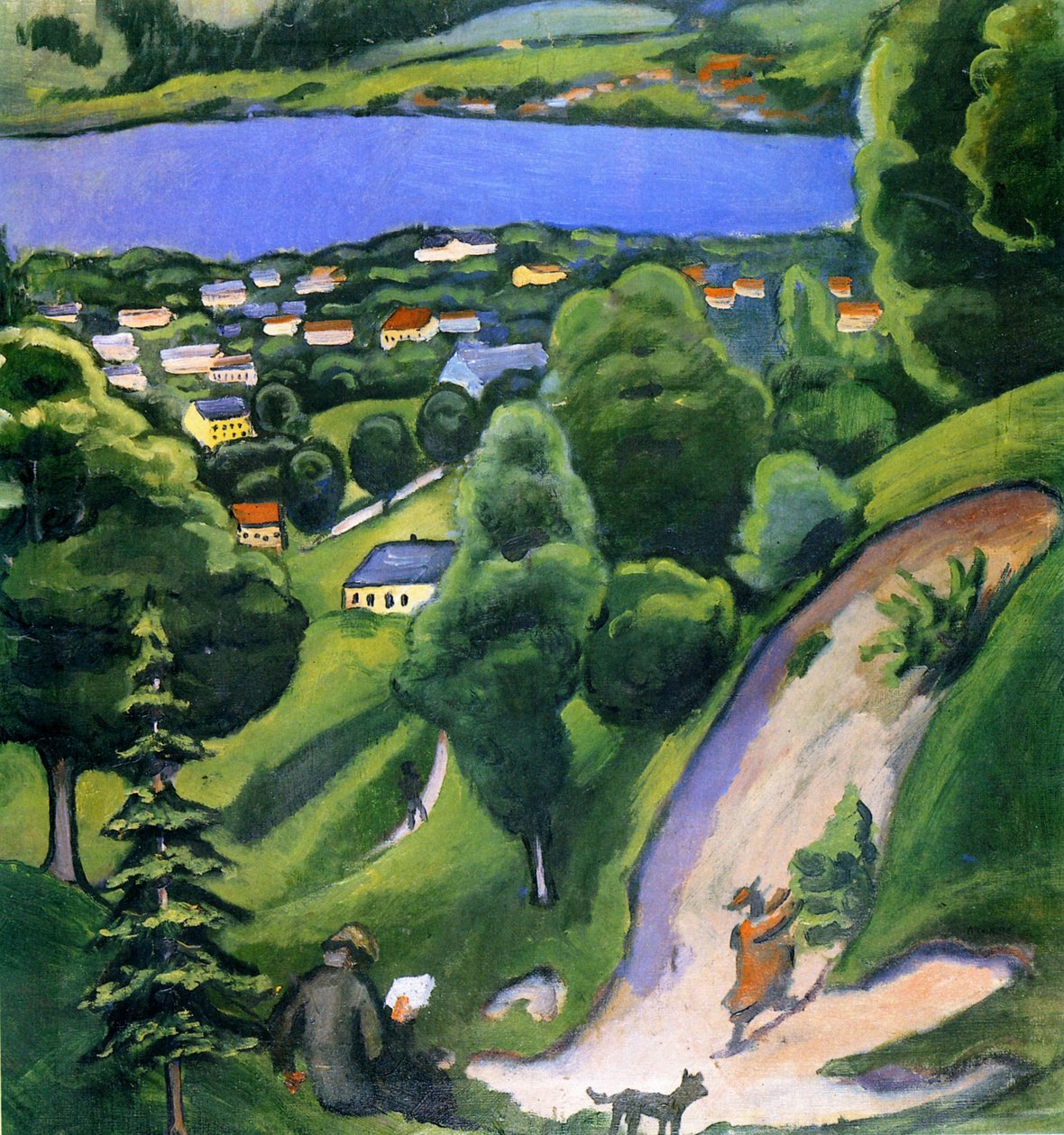 Landschap bij Tegernsee met lezende man door August Macke