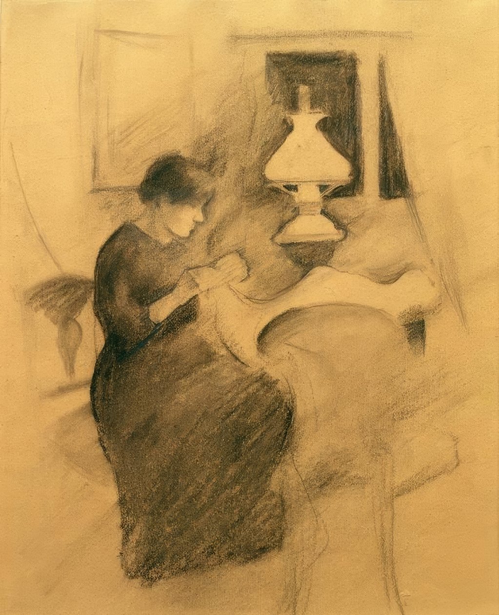 Naaiend meisje bij de lamp (Elisabeth) door August Macke