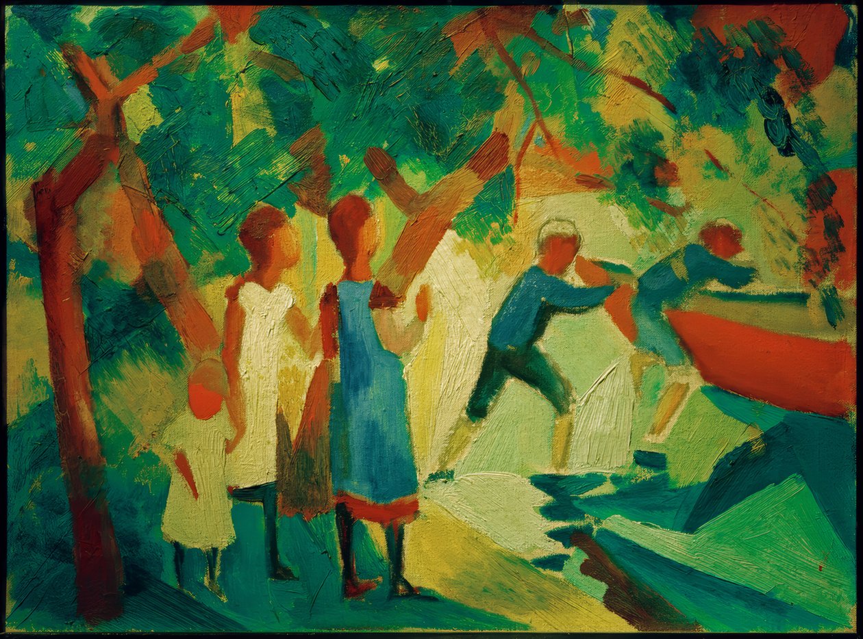 Spelende kinderen bij het water door August Macke