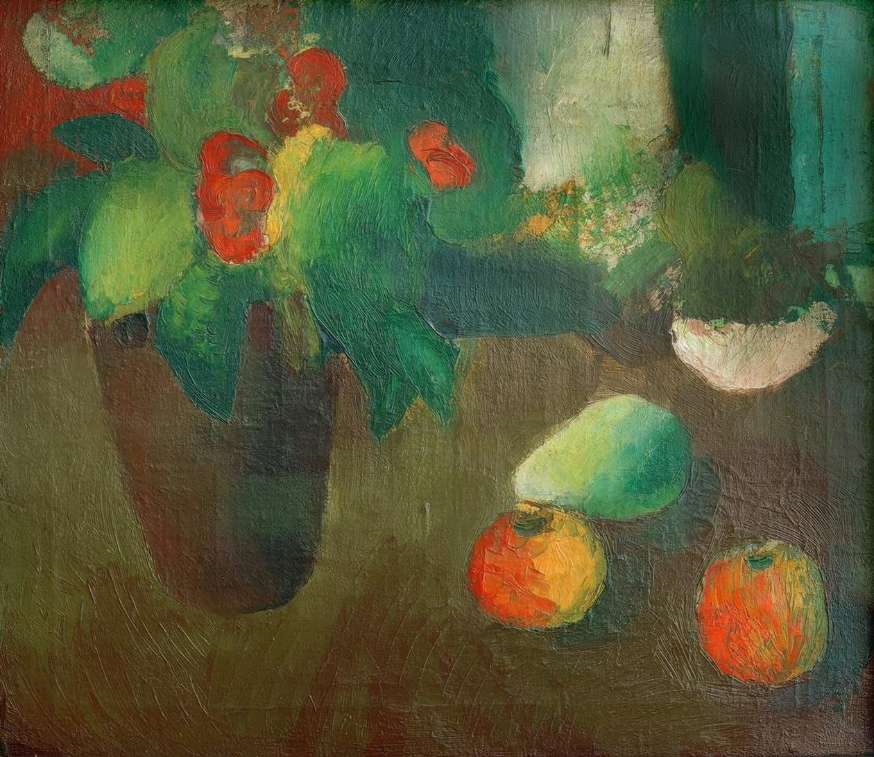 Stilleven met begonia, appels en peer door August Macke