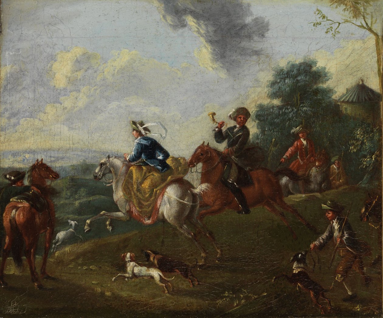 Jachtgezelschap in heuvelachtig landschap door August Querfurt