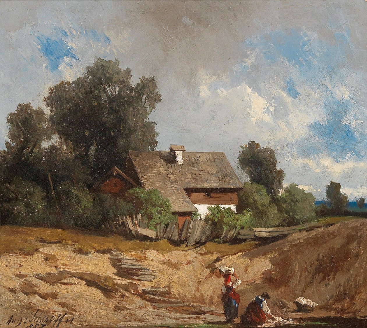 Wasvrouwen bij de rivier door August Schaeffer von Wienwald
