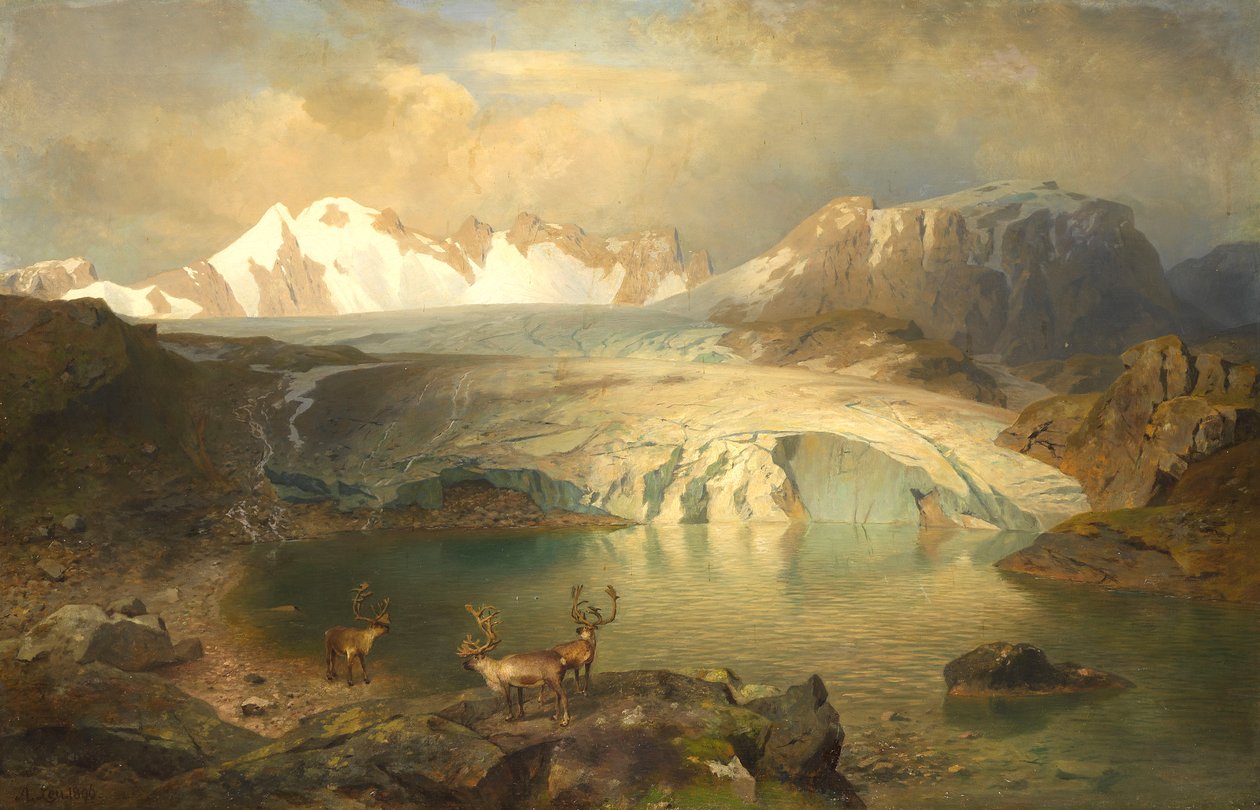 Fjordlandschap met gletsjer en rendieren door August Wilhelm Leu