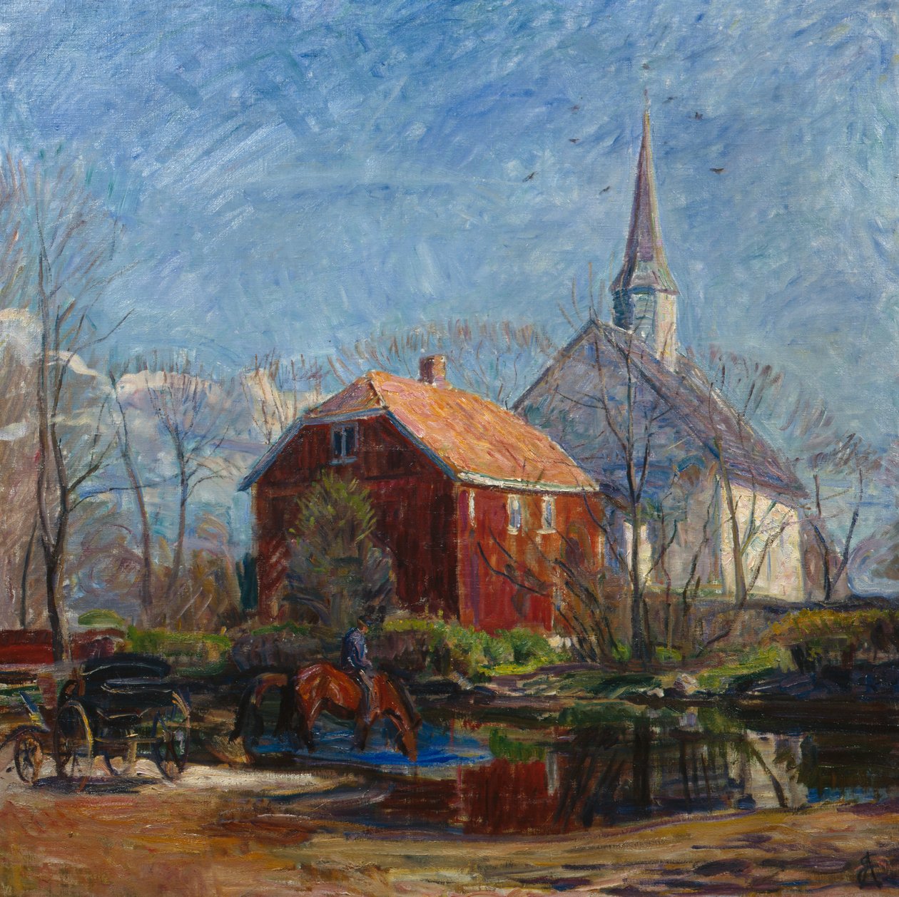 Kerk en rood huis, Rygge Kerk door August Eiebakke
