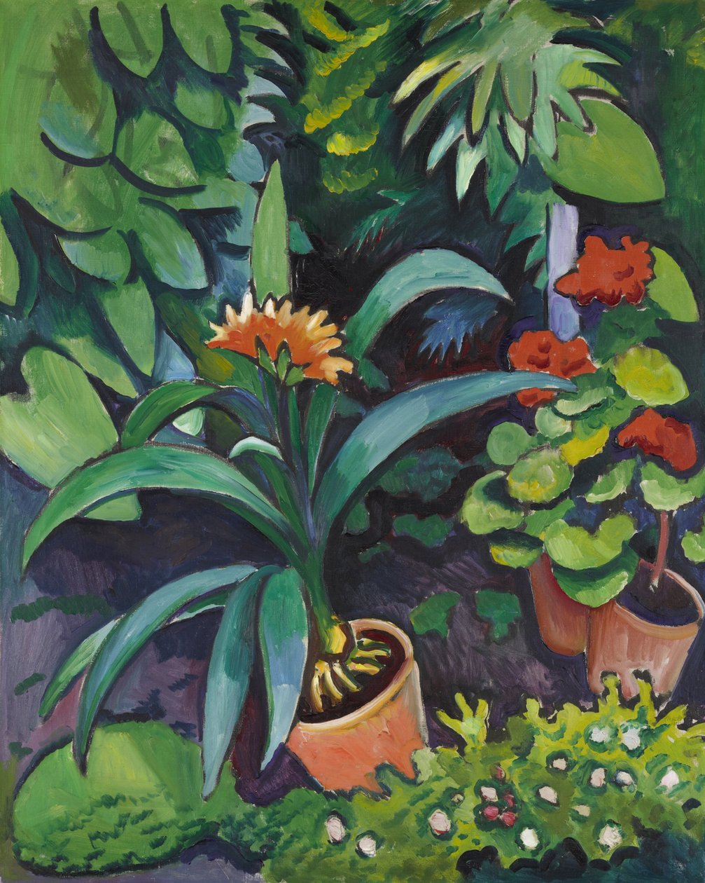 Bloemen in de tuin, Clivia en Pelargonium door August Macke