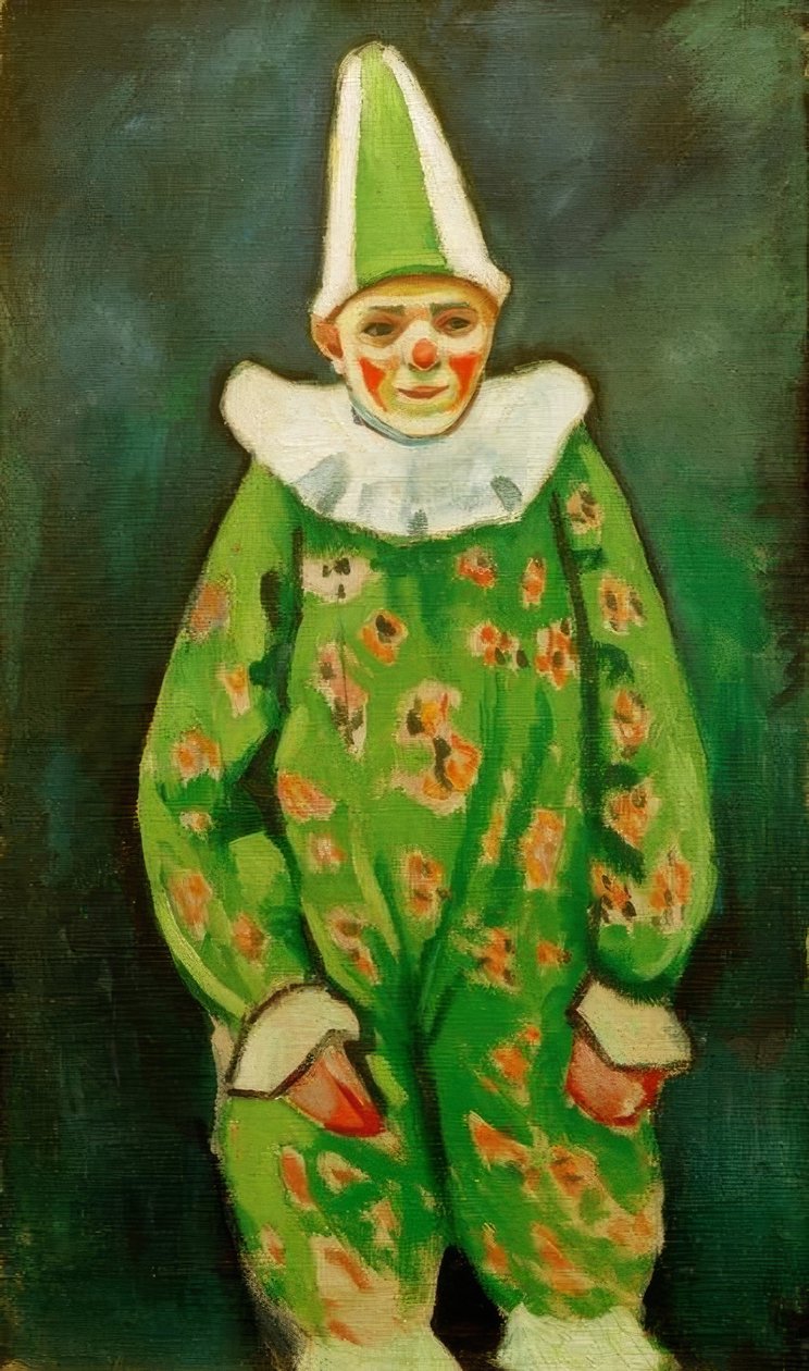 Clown in groen kostuum door August Macke