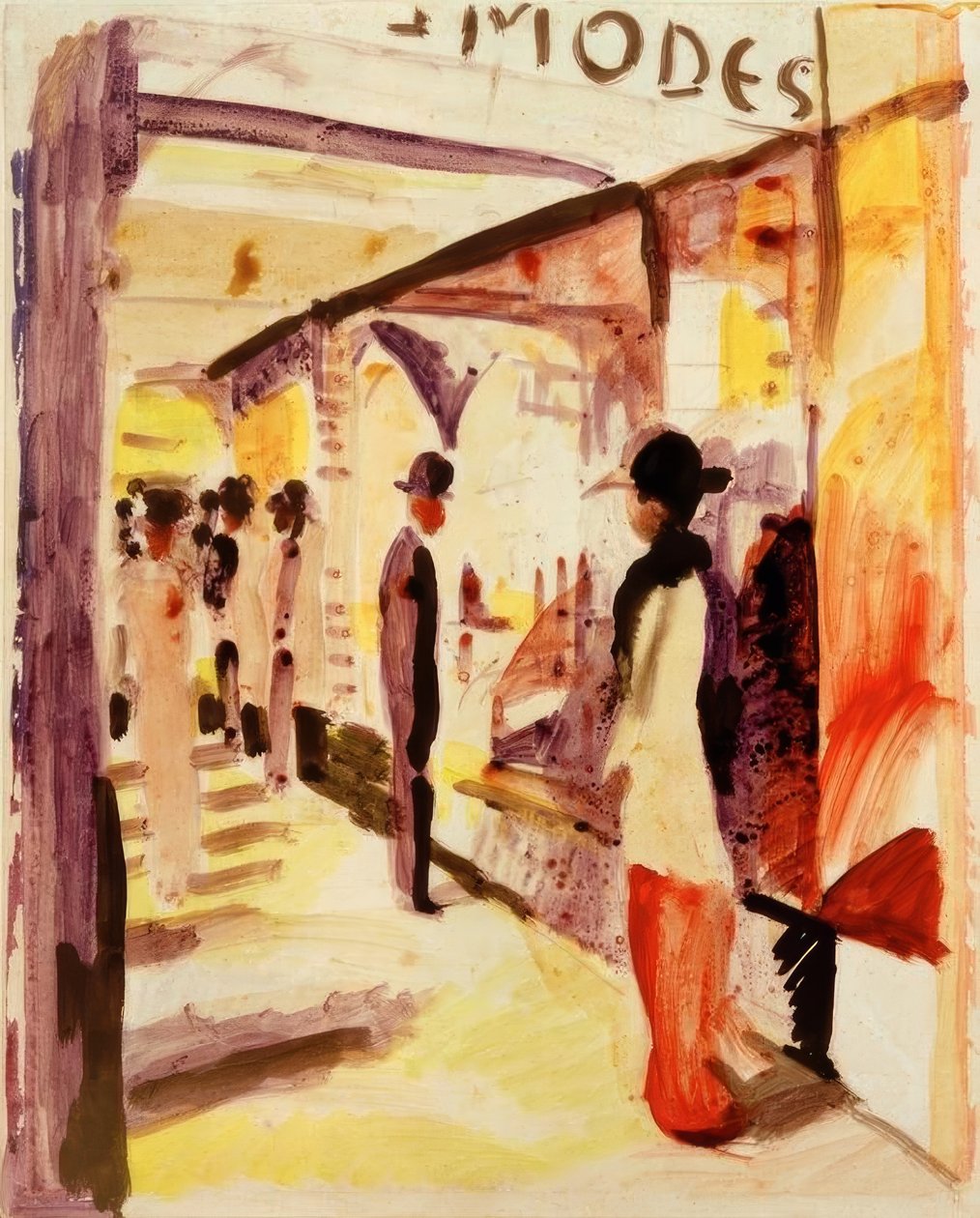 Een winkelstraat onder arcades door August Macke