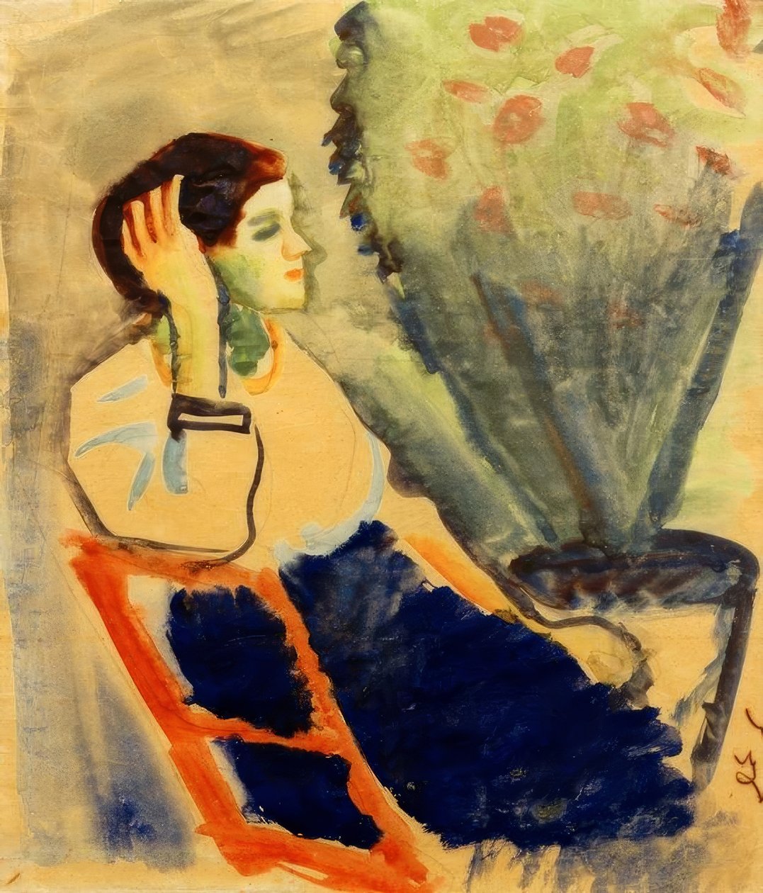 Vrouw op rode stoel door August Macke