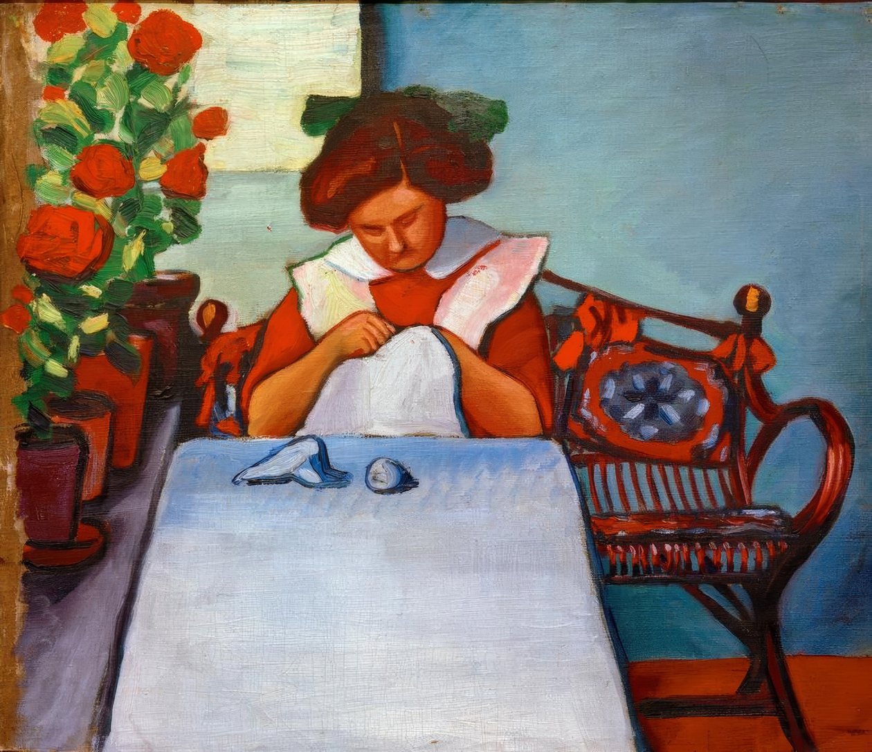 Grete Thuar aan de tafel door August Macke