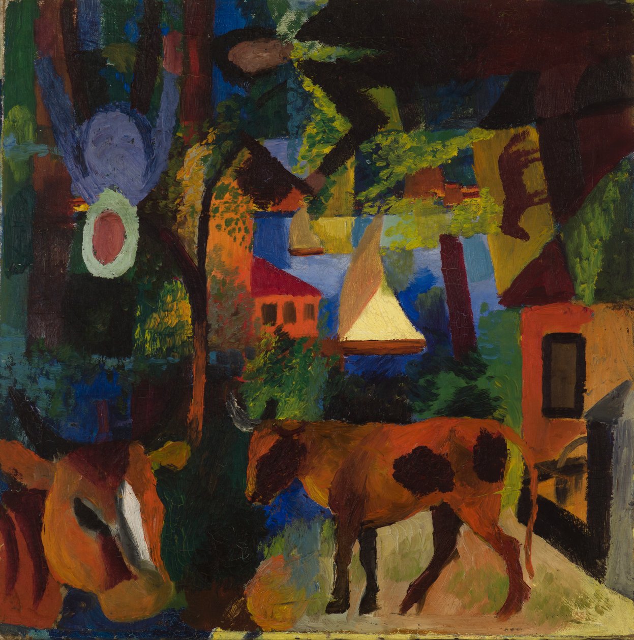 Landschap met Koeien, Zeilboot en Ingeschilderde Figuren door August Macke