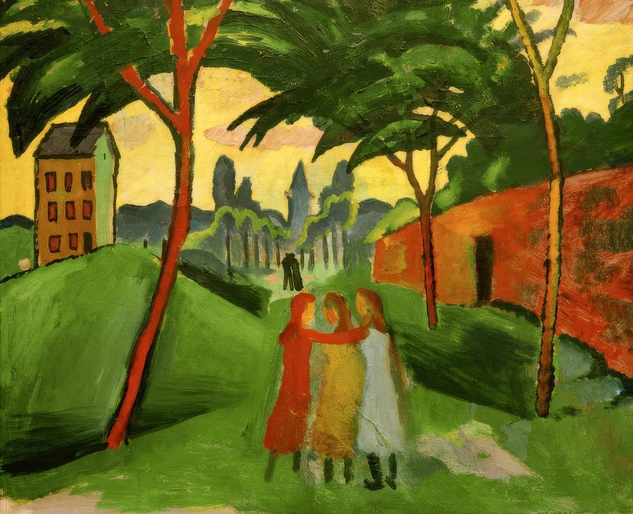 Landschap met drie meisjes door August Macke
