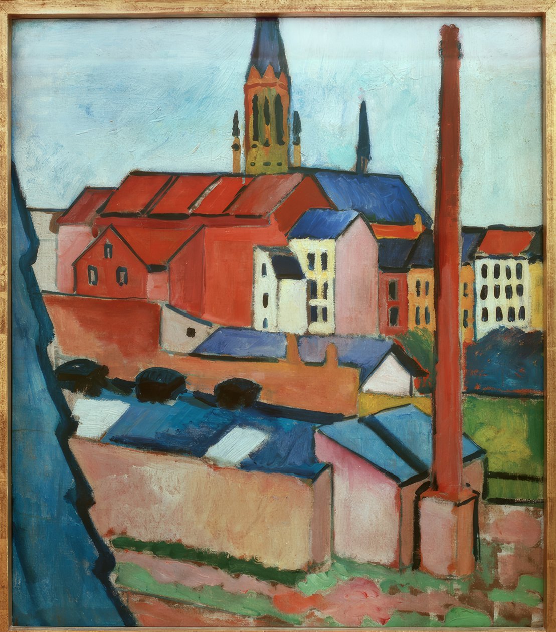 Mariakerk met huizen en schoorsteen door August Macke
