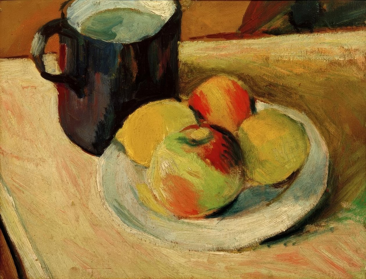 Melkkruik en appels op bord door August Macke