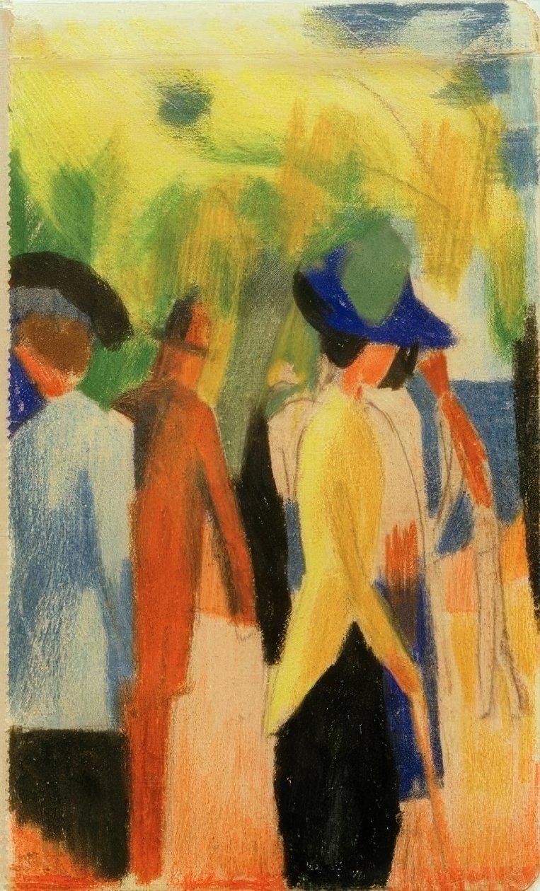 Wandelaars onder bomen (Wandelaars in het park) door August Macke