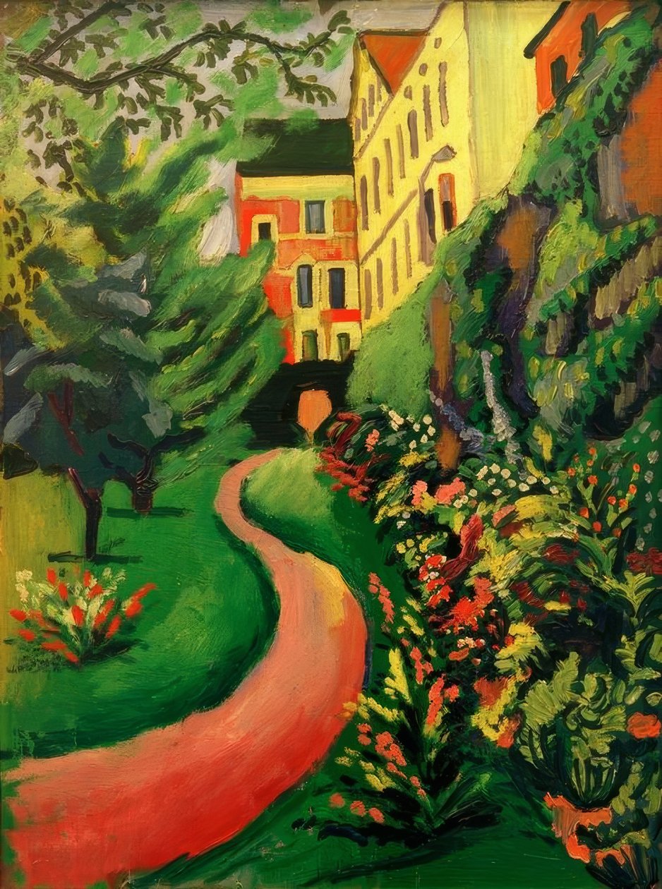 Onze tuin met bloeiende borders door August Macke