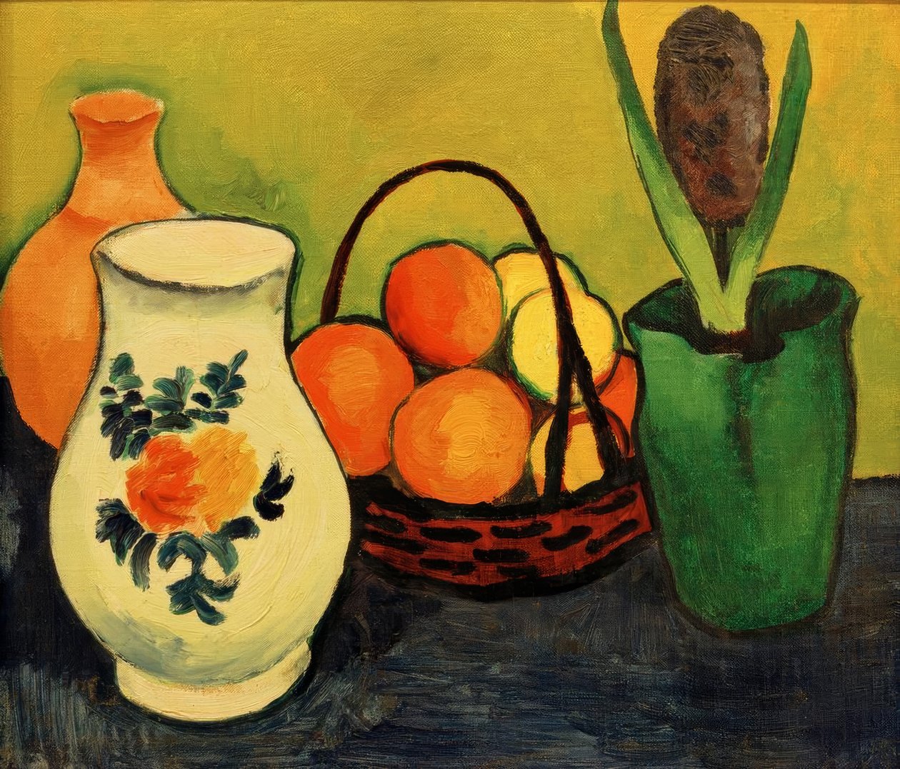 Witte kruik met blauwe vruchten door August Macke
