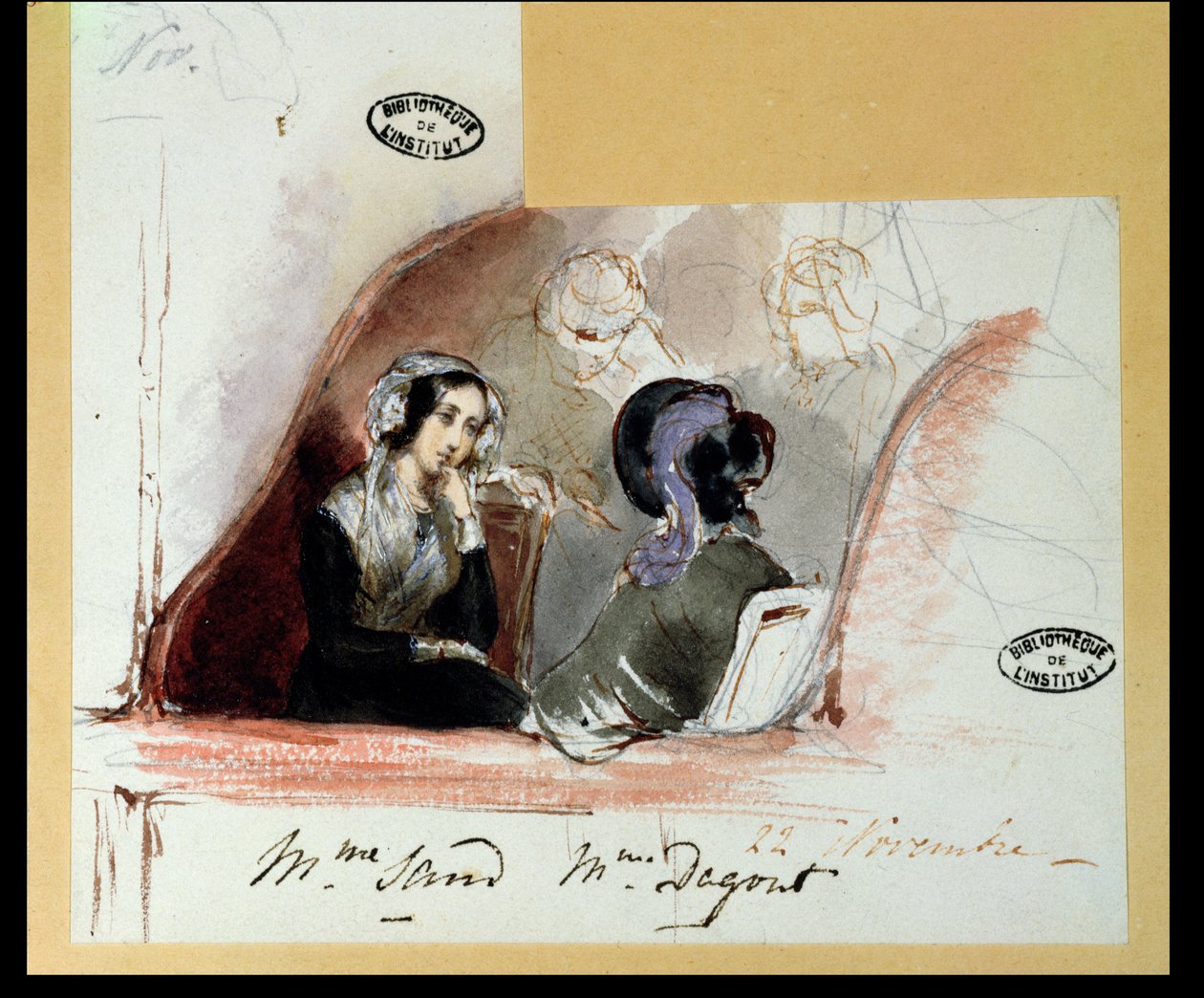 George Sand (1804-76) en Marie de Flavigny (1805-76) gravin van Agoult, bij de Comédie Française, 1834 door Auguste Odier
